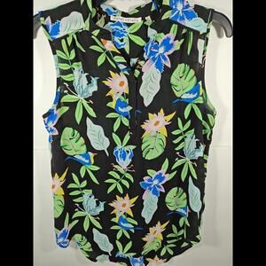 Violet + Claire Multi Color Floral Birds Tank Top V Neck Black Blouse Small